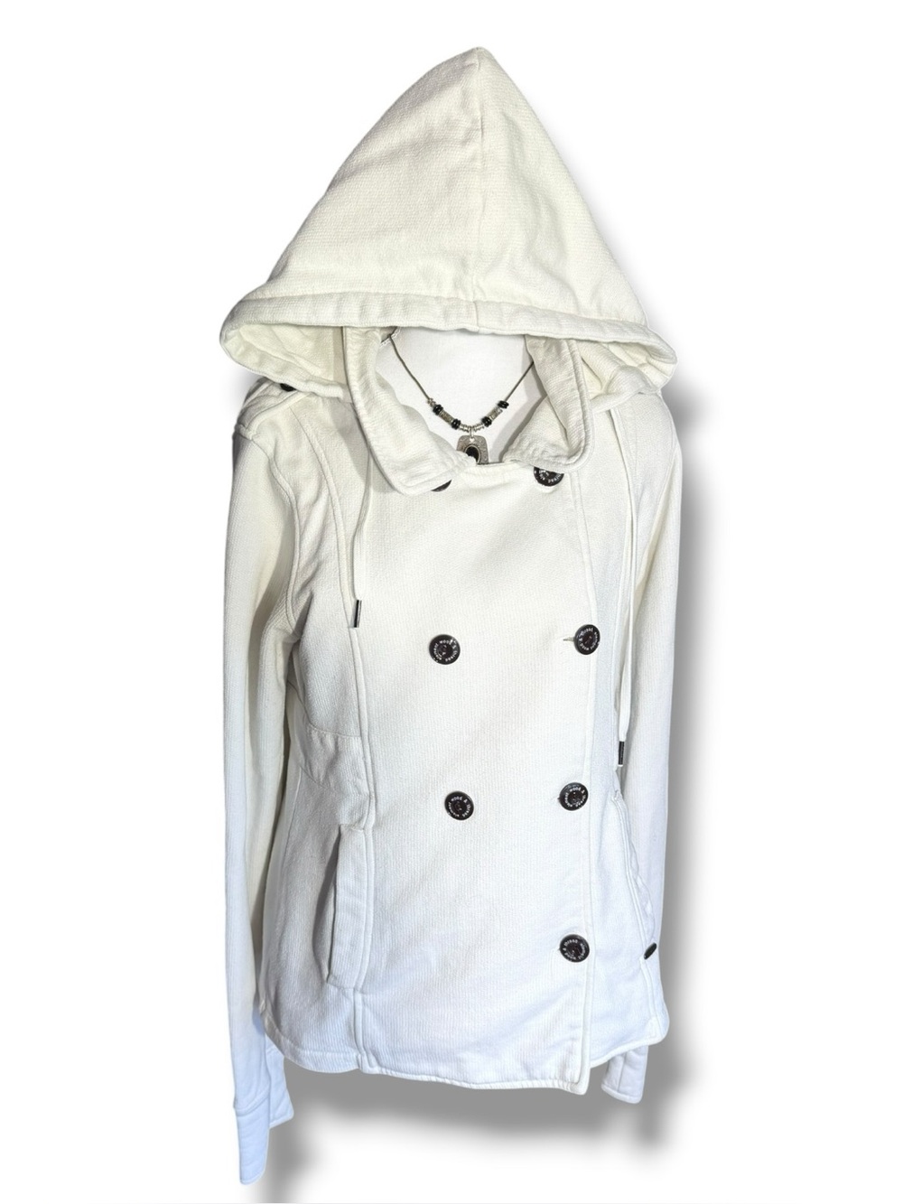 Element Wood & Thread ivory double-breasted pea coat knit hood Large